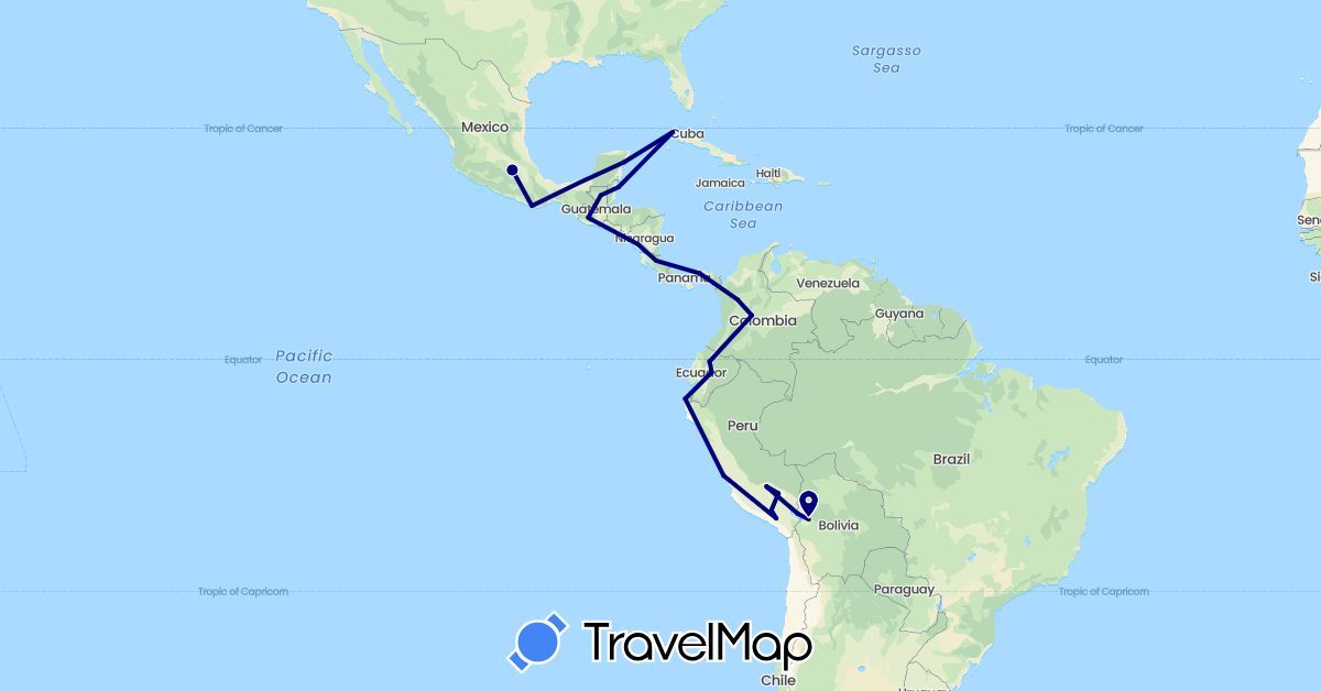TravelMap itinerary: driving in Bolivia, Belize, Colombia, Costa Rica, Cuba, Ecuador, Guatemala, Mexico, Nicaragua, Panama, Peru (North America, South America)